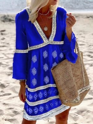 Boho Regular Fit Geometric V Neck Long Sleeve Mini Dress - Image 4