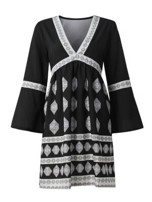Boho Regular Fit Geometric V Neck Long Sleeve Mini Dress - Image 6
