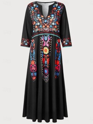 Boho Regular Fit Graphic V Neck Long Sleeve Midi Dress - Image 2