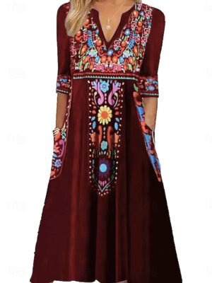 Boho Regular Fit Graphic V Neck Long Sleeve Midi Dress - Image 4