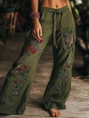 Boho Regular Fit Natural Flower Full Length Wide Leg Slacks - Image 2
