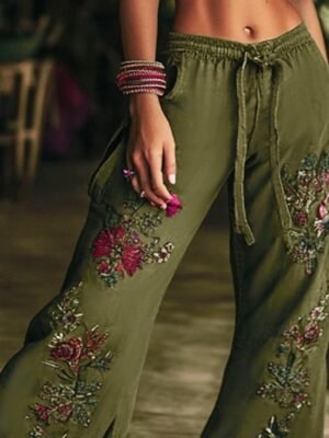 Boho Regular Fit Natural Flower Full Length Wide Leg Slacks - Image 3