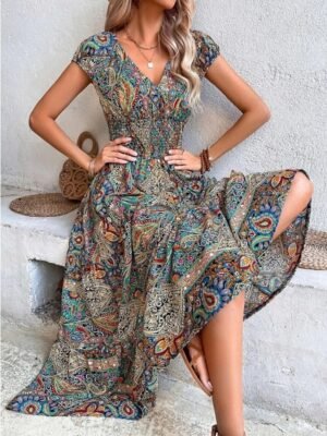 Boho Regular Fit Paisley V Neck Short Sleeve Maxi Dress - Image 1