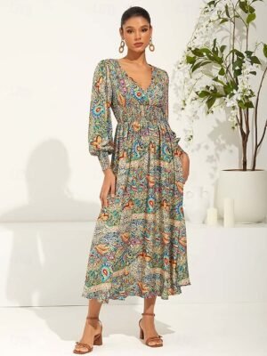 Boho Regular Fit Paisley V Neck Short Sleeve Maxi Dress - Image 18