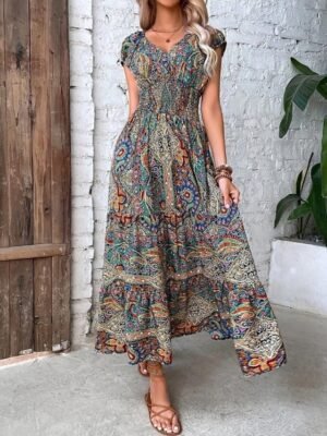 Boho Regular Fit Paisley V Neck Short Sleeve Maxi Dress - Image 3