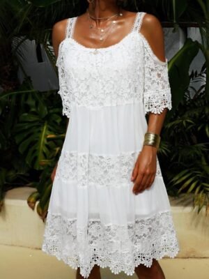 Boho Regular Fit Plain Strap Short Sleeve Midi Lace Dress - Image 1