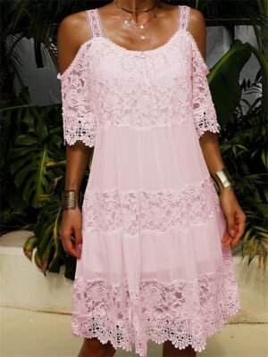 Boho Regular Fit Plain Strap Short Sleeve Midi Lace Dress - Image 3