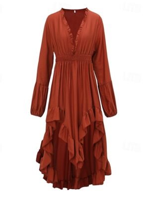 Boho Regular Fit Plain V Neck Long Sleeve Midi Dress - Image 4
