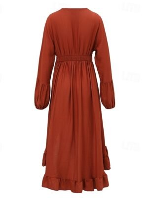 Boho Regular Fit Plain V Neck Long Sleeve Midi Dress - Image 5
