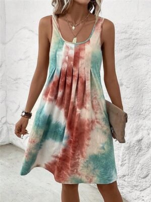 Boho Regular Fit Tie Dye U Neck Sleeveless Mini Dress - Image 4