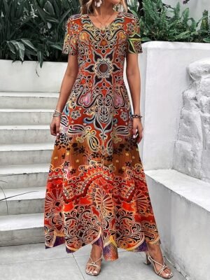 Boho Regular Fit Tribal Crew Neck Short Sleeve Maxi Dress - Image 1