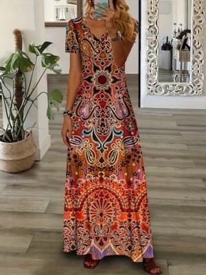 Boho Regular Fit Tribal Crew Neck Short Sleeve Maxi Dress - Image 2