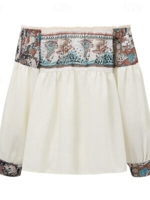 Boho Regular Floral Off Shoulder Long Sleeve Blouse - Image 13