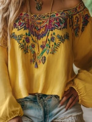 Boho Regular Floral Off Shoulder Long Sleeve Blouse - Image 8