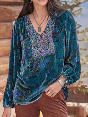 Boho Regular Floral V Neck Long Sleeve Velvet Tops - Image 2