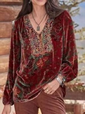 Boho Regular Floral V Neck Long Sleeve Velvet Tops - Image 3