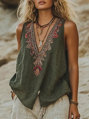 Boho Regular Flower V Neck Sleeveless Summer Blouse - Image 2