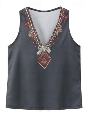 Boho Regular Flower V Neck Sleeveless Summer Blouse - Image 4