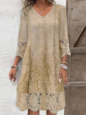 Boho Relaxed Fit Vintage Pattern V Neck Three Quarter Sleeve Midi Dress - Image 1