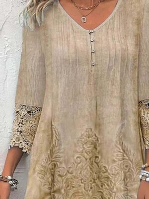 Boho Relaxed Fit Vintage Pattern V Neck Three Quarter Sleeve Midi Dress - Image 3
