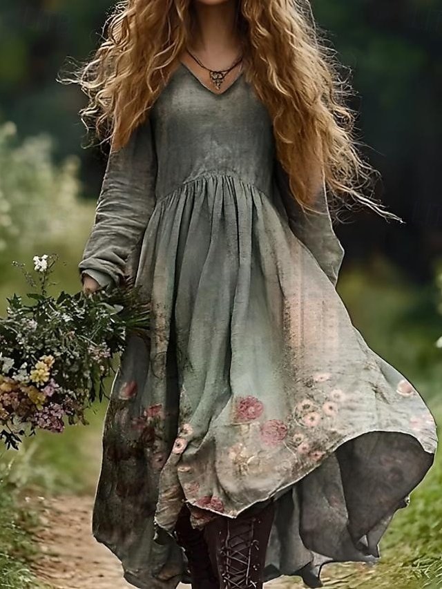 Boho Swing Floral V Neck Long Sleeve Midi Dress - Image 1