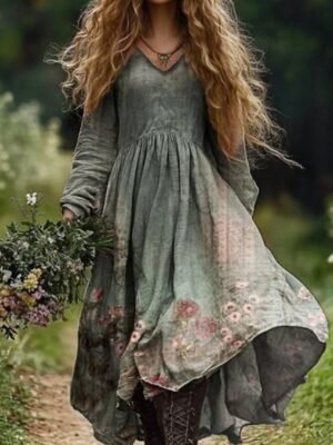 Boho Swing Floral V Neck Long Sleeve Midi Dress - Image 2