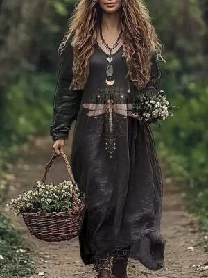 Boho Swing Floral V Neck Long Sleeve Midi Dress - Image 6