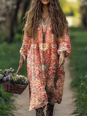Boho Swing Floral V Neck Long Sleeve Midi Dress - Image 7