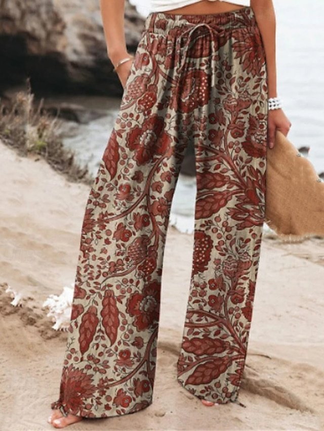 Boho Wide Leg Flower High Waist Full Length Palazzo Trousers - Image 1