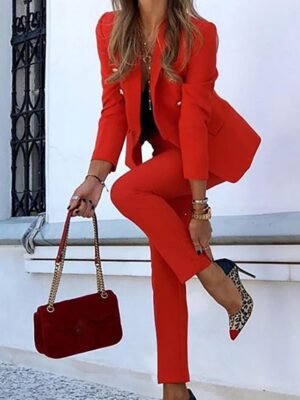 Business Regular Fit Solid Shirt Collar Long Sleeve Blazer Suit - Image 10