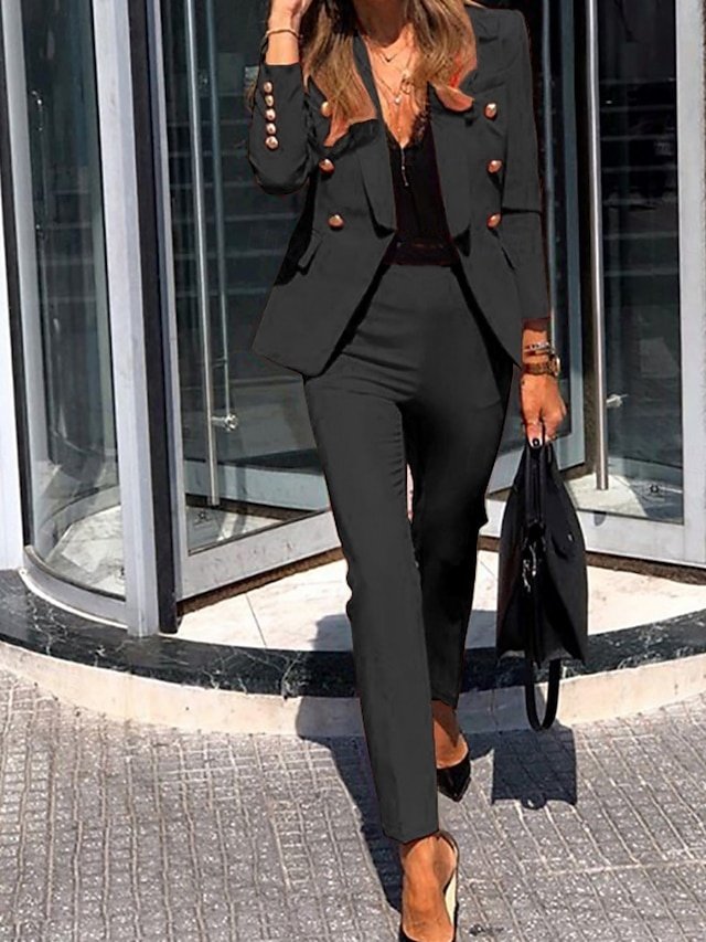 Business Regular Fit Solid Shirt Collar Long Sleeve Blazer Suit - Image 2