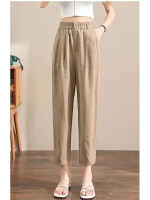 Casual Ankle-Length Plain Elastic Waistband Linen Trousers - Image 1