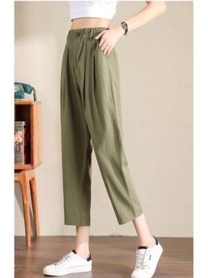 Casual Ankle-Length Plain Elastic Waistband Linen Trousers - Image 10