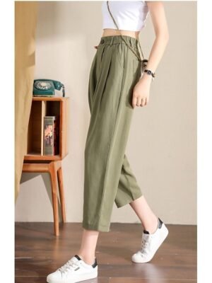 Casual Ankle-Length Plain Elastic Waistband Linen Trousers - Image 11
