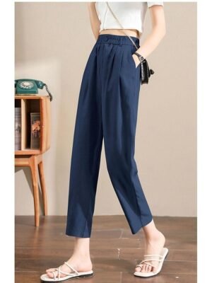 Casual Ankle-Length Plain Elastic Waistband Linen Trousers - Image 12