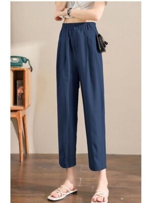 Casual Ankle-Length Plain Elastic Waistband Linen Trousers - Image 14