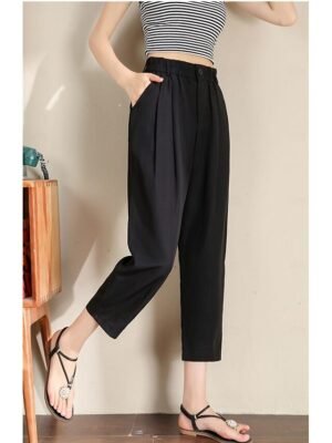 Casual Ankle-Length Plain Elastic Waistband Linen Trousers - Image 15
