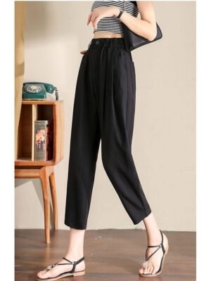 Casual Ankle-Length Plain Elastic Waistband Linen Trousers - Image 17