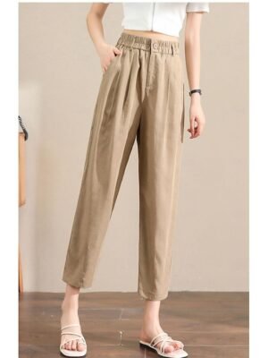 Casual Ankle-Length Plain Elastic Waistband Linen Trousers - Image 2