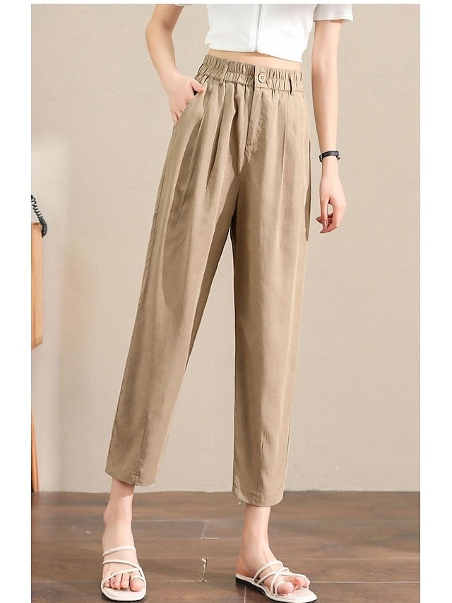 Casual Ankle-Length Plain Elastic Waistband Linen Trousers - Image 2