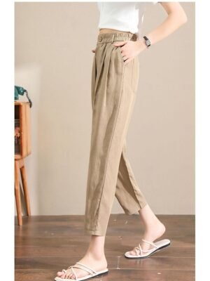 Casual Ankle-Length Plain Elastic Waistband Linen Trousers - Image 3