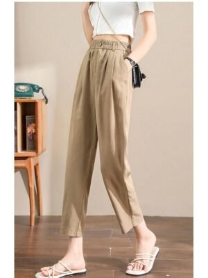 Casual Ankle-Length Plain Elastic Waistband Linen Trousers - Image 4