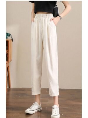 Casual Ankle-Length Plain Elastic Waistband Linen Trousers - Image 6