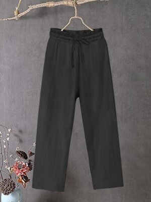 Casual Baggy Plain Drawstring Full Length Chinos - Image 5