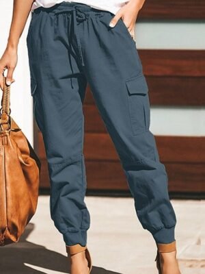 Casual Baggy Plain Mid Waist Cuffed Cargo Full Length Trousers - Image 1
