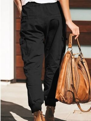 Casual Baggy Plain Mid Waist Cuffed Cargo Full Length Trousers - Image 4