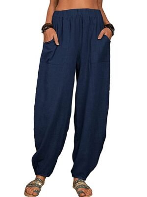 Casual Baggy Solid Elastic Waist Pocket Full Length Trousers - Image 10