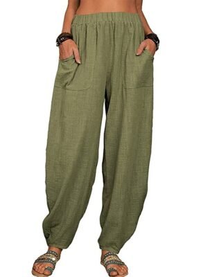 Casual Baggy Solid Elastic Waist Pocket Full Length Trousers - Image 14