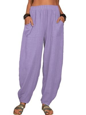 Casual Baggy Solid Elastic Waist Pocket Full Length Trousers - Image 16