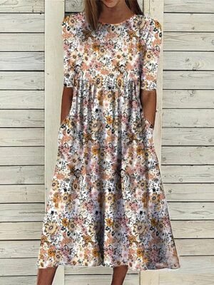 Casual Basic Floral Crew Neck Half Sleeve Midi Dress - Image 3
